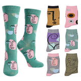 A set of crew socks displayed on a white background, featuring a variety of colors and minimalist face illustrations. The main pair is mint green with pink and light blue face designs, while the smaller pairs on the right showcase other colorways including mustard yellow, pink, purple, gray, and olive green.