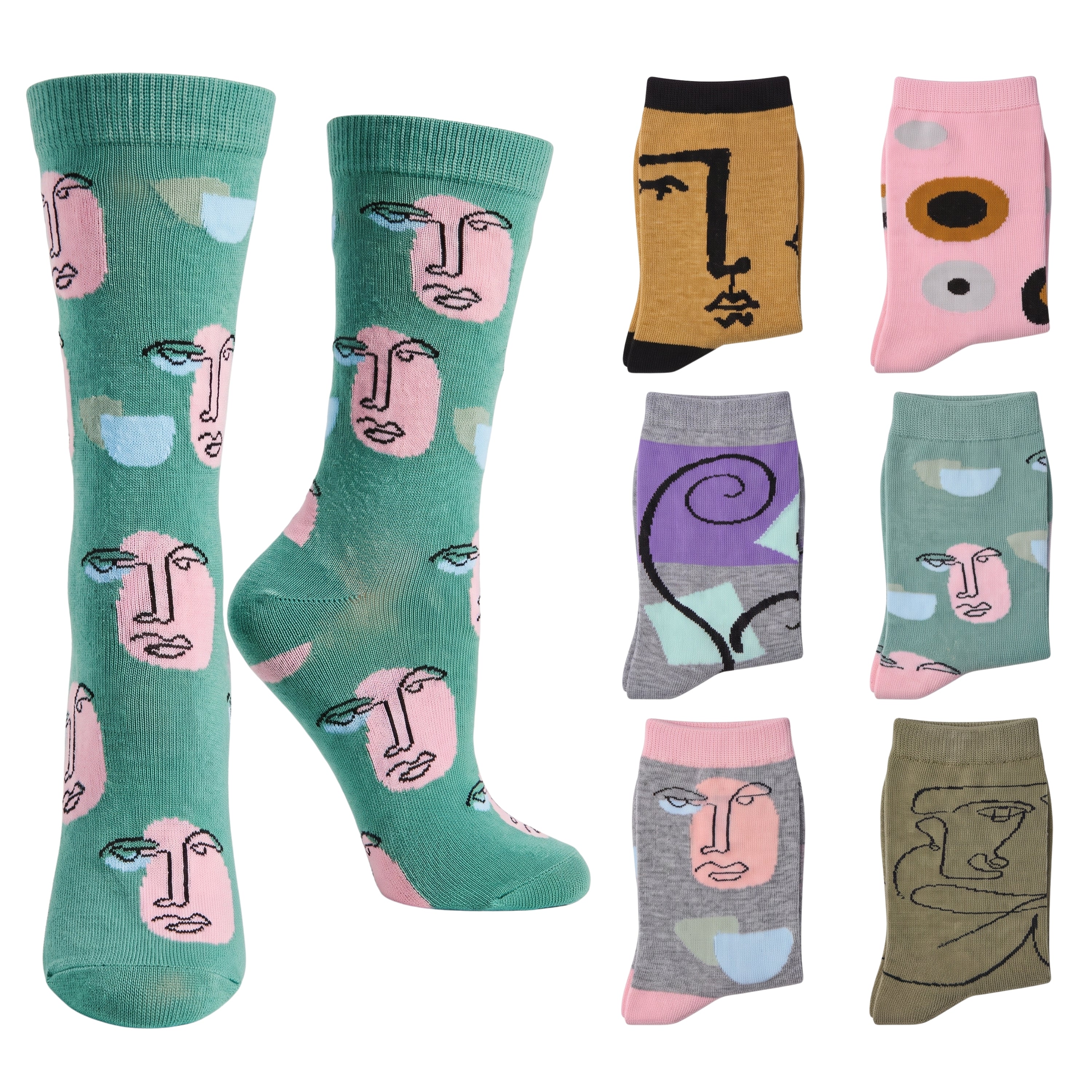 A set of crew socks displayed on a white background, featuring a variety of colors and minimalist face illustrations. The main pair is mint green with pink and light blue face designs, while the smaller pairs on the right showcase other colorways including mustard yellow, pink, purple, gray, and olive green.