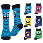 A set of colorful cartoon monster socks displayed on a white background, featuring various designs including blue striped legs, one-eyed monsters, and bright colors like yellow, pink, purple, and green.