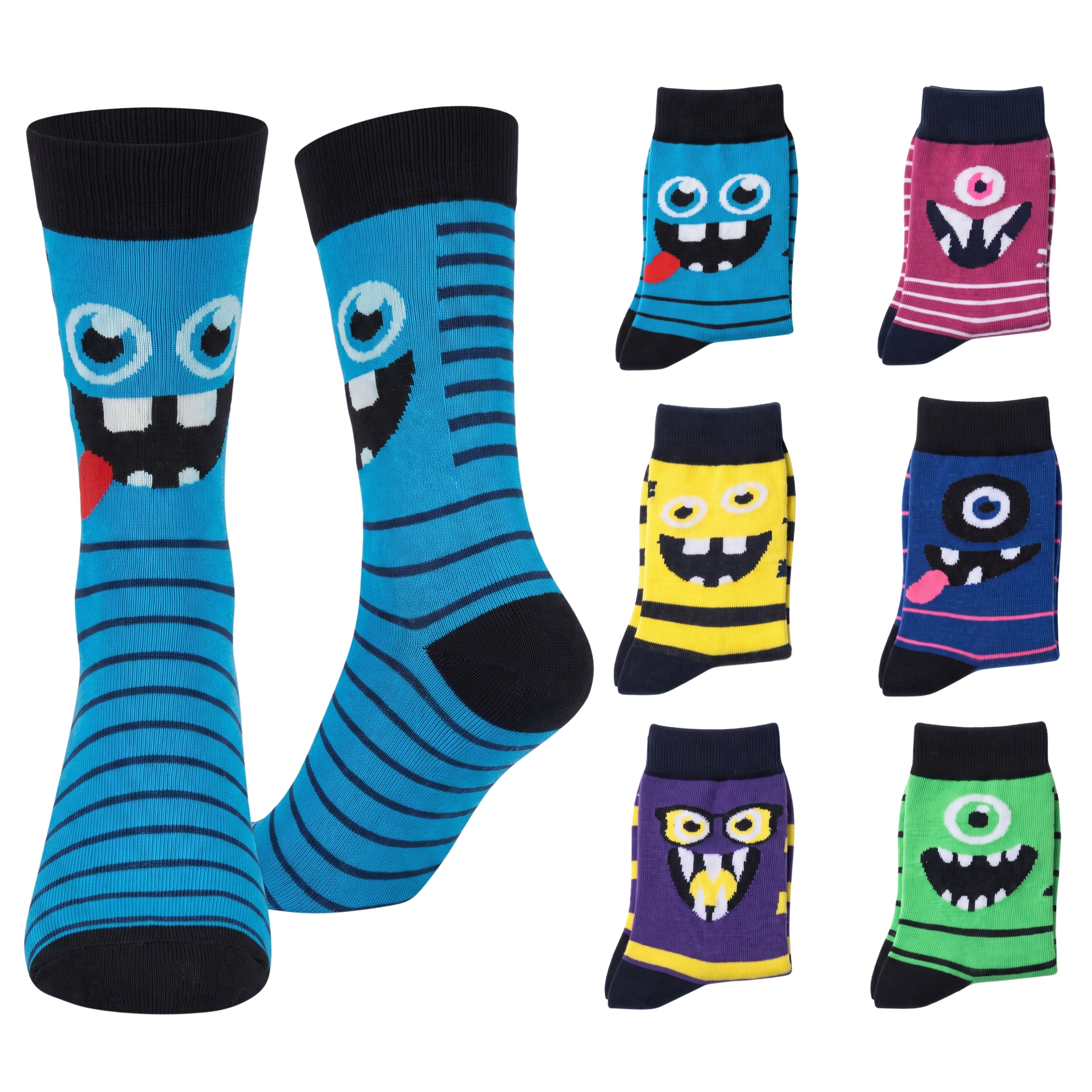A set of colorful cartoon monster socks displayed on a white background, featuring various designs including blue striped legs, one-eyed monsters, and bright colors like yellow, pink, purple, and green.