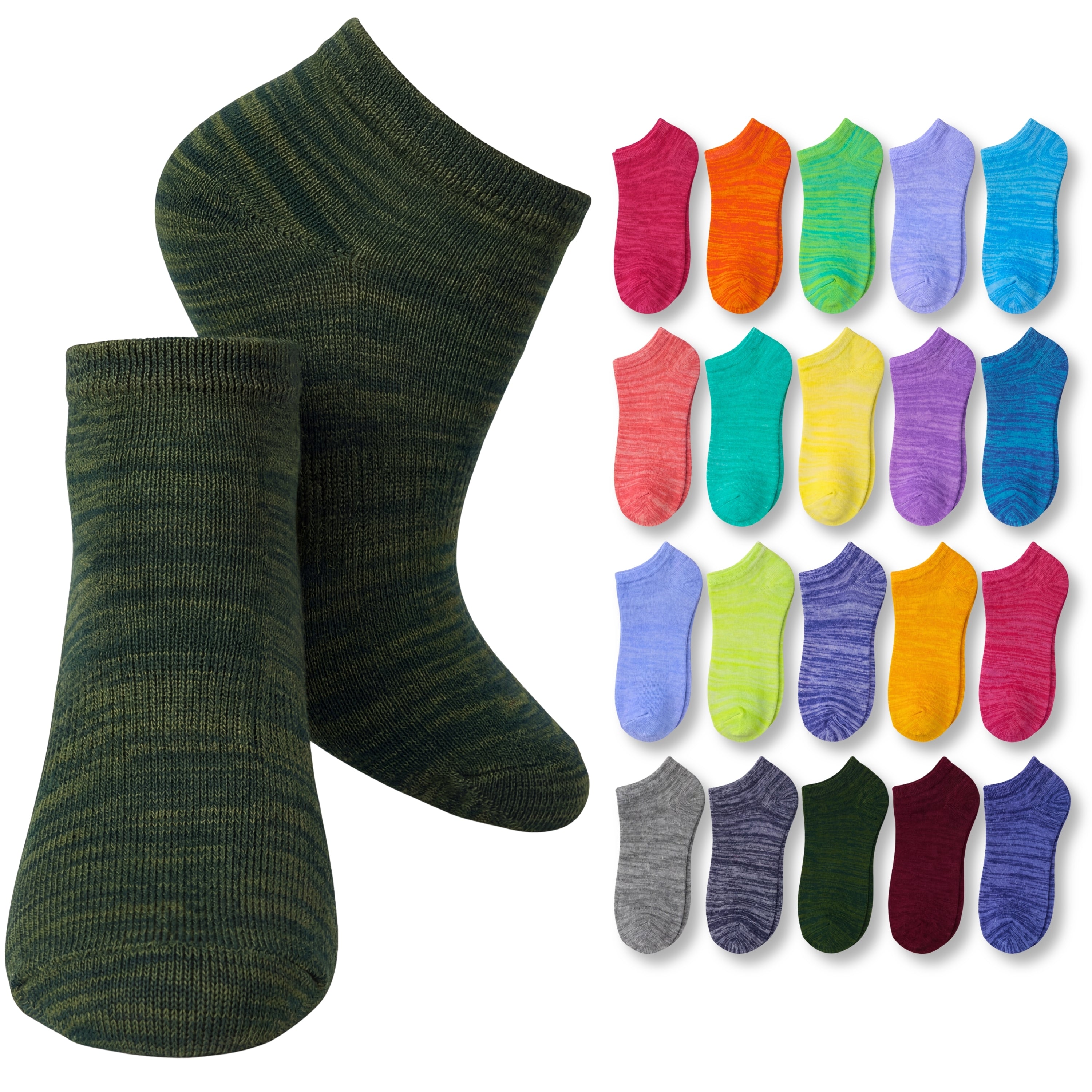 Two green socks with a grid of colorful socks on a white background