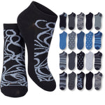 Black ankle socks with gray pattern and additional pairs of blue and gray socks on a white background