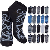 Black ankle socks with gray pattern and additional pairs of blue and gray socks on a white background