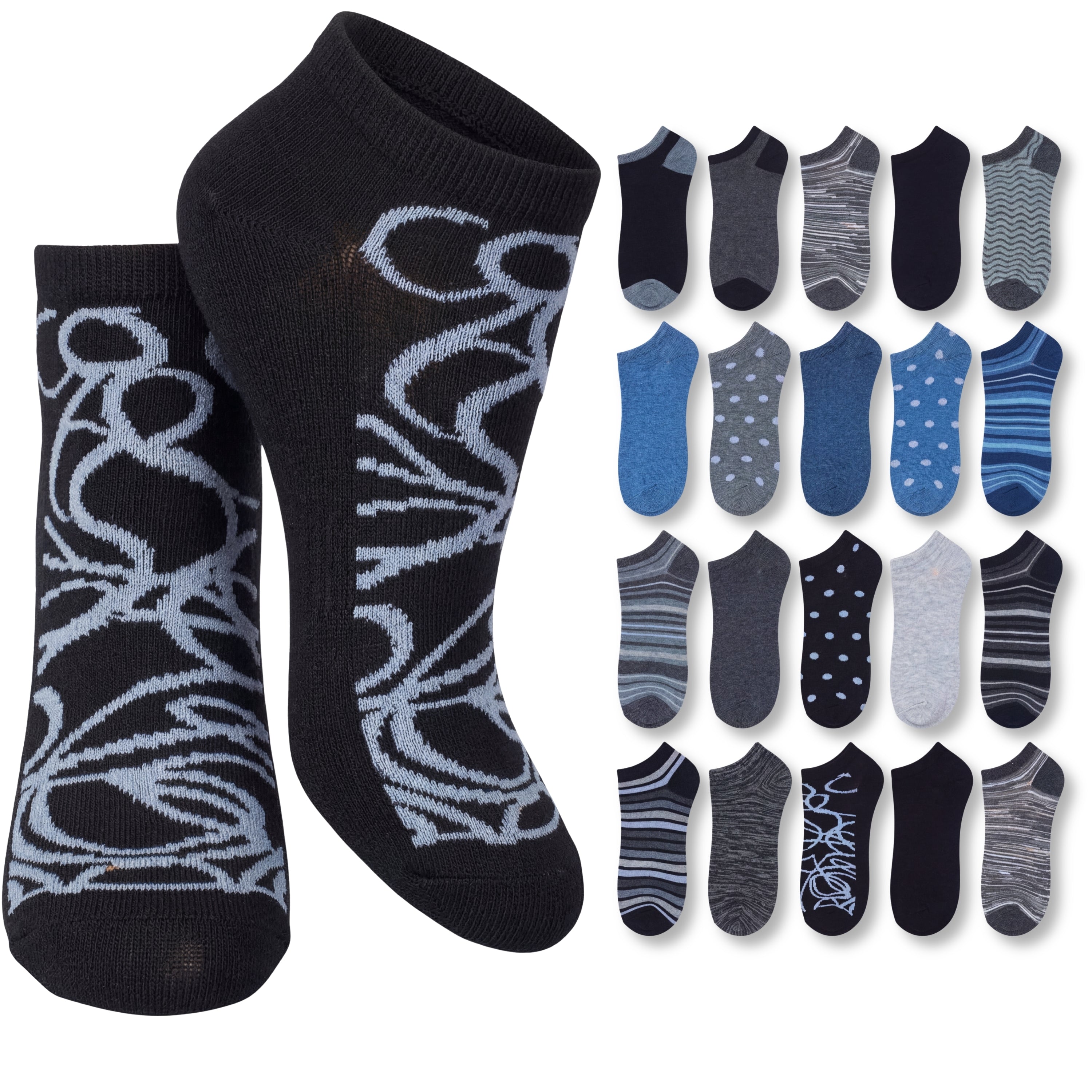 Black ankle socks with gray pattern and additional pairs of blue and gray socks on a white background