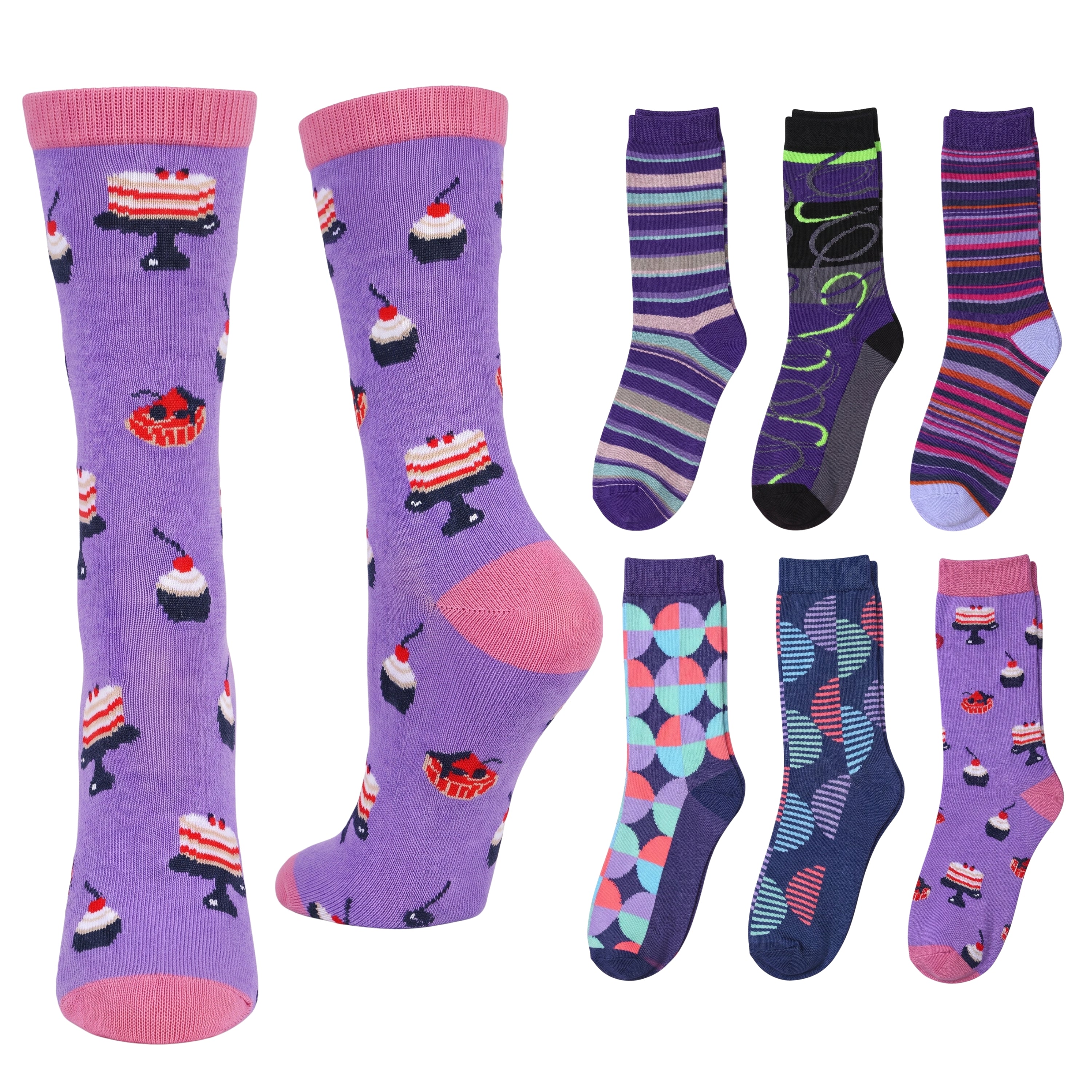 A set of eight crew socks displayed on a plain white background, featuring various colorful patterns including purple cake prints, stripes, and geometric shapes.