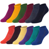 Set of colorful ankle socks arranged in two rows on a white background