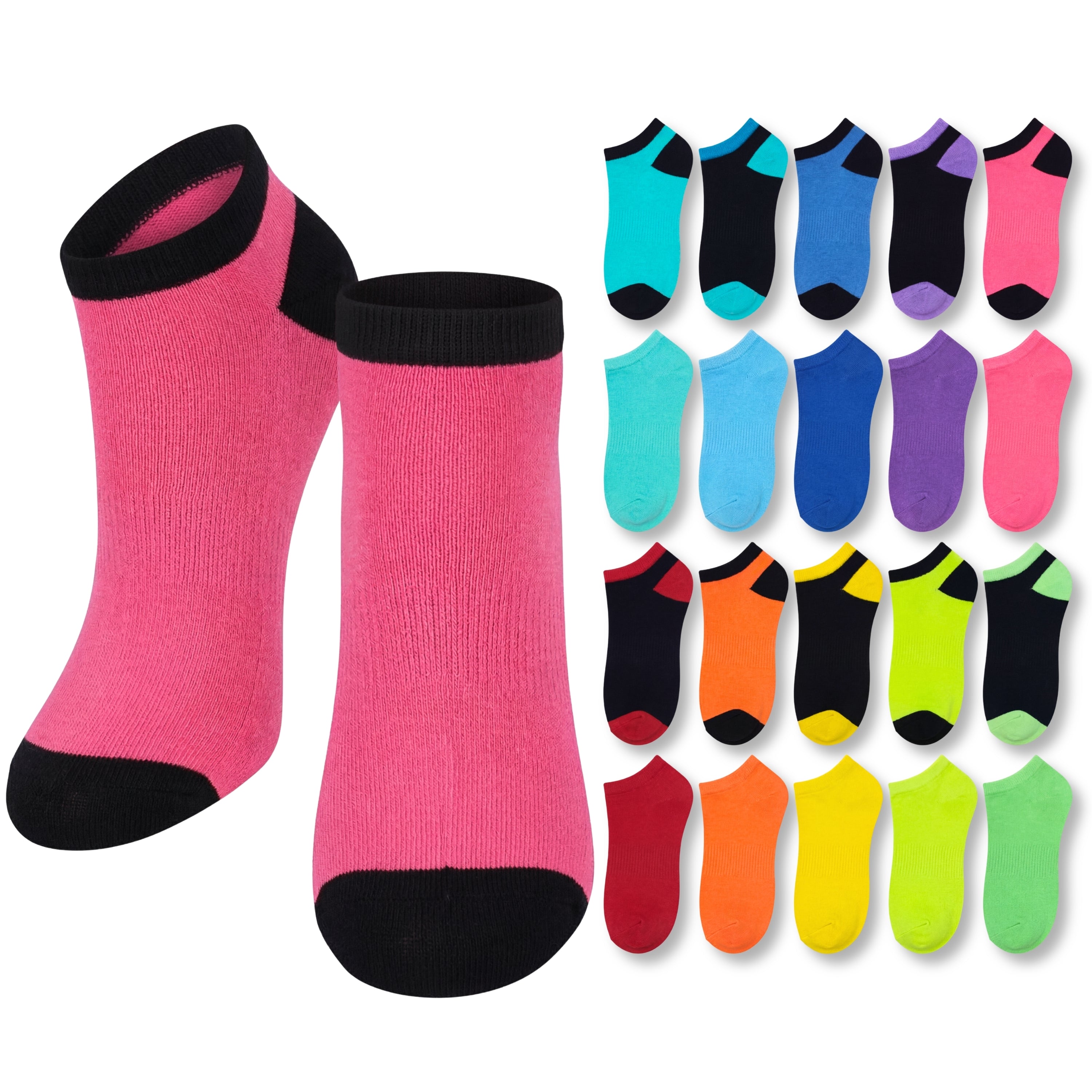 Set of colorful socks with a pink and black sock on a white background