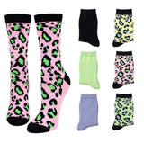 Women's 6-Pairs Colorful Neon Pastel Leopard Patterned Crew Dress Socks