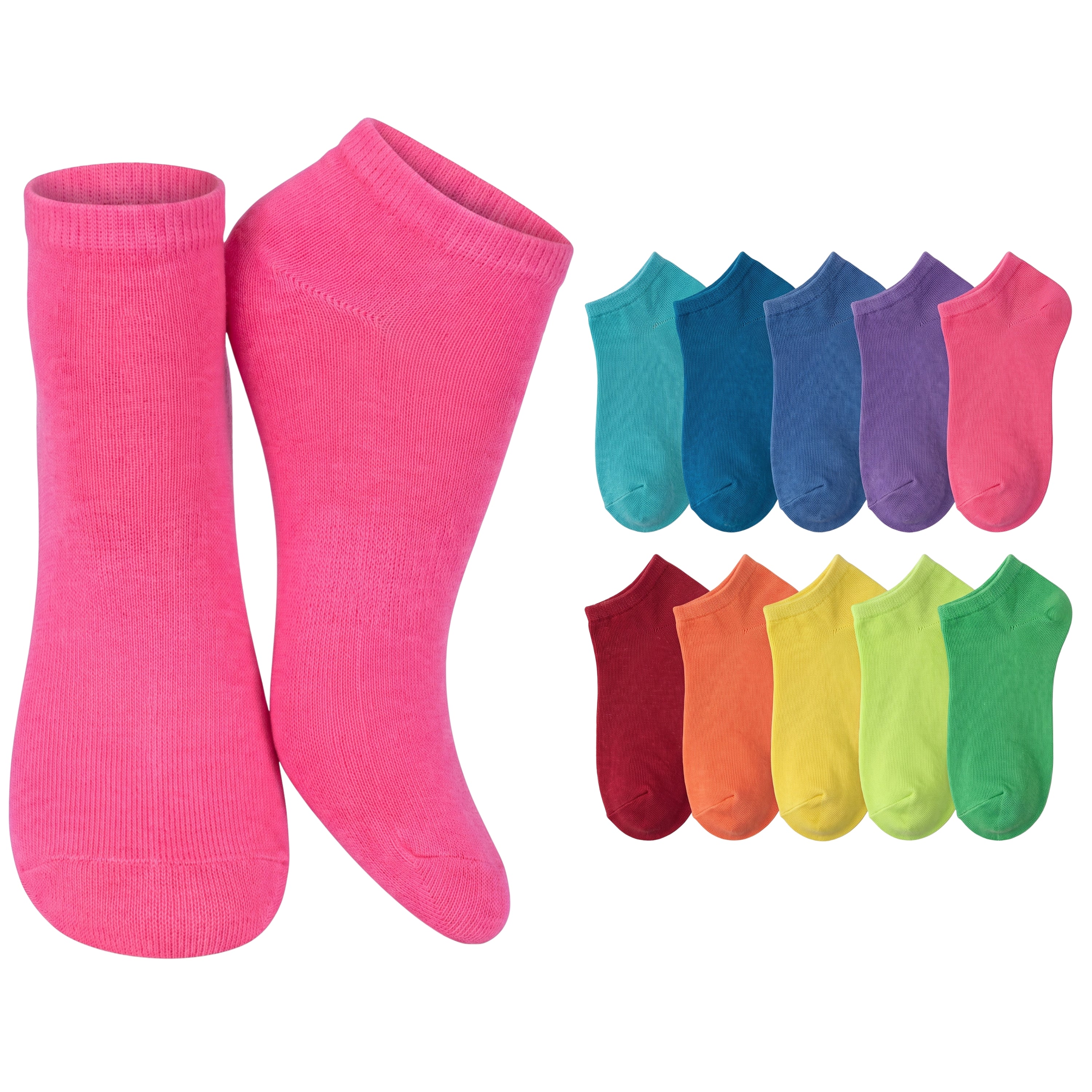 A pair of bright pink ankle socks displayed prominently on the left, with a row of additional ankle socks in teal, blue, purple, pink, red, orange, yellow, green, and light green shown on the right against a plain white background.