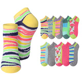A set of low-cut ankle socks shown on a plain white background, with two larger socks on the left and eight smaller color/style variants arranged on the right. The socks feature bright multicolor striped and geometric patterns including yellow, pink, green, blue, gray, and white.
