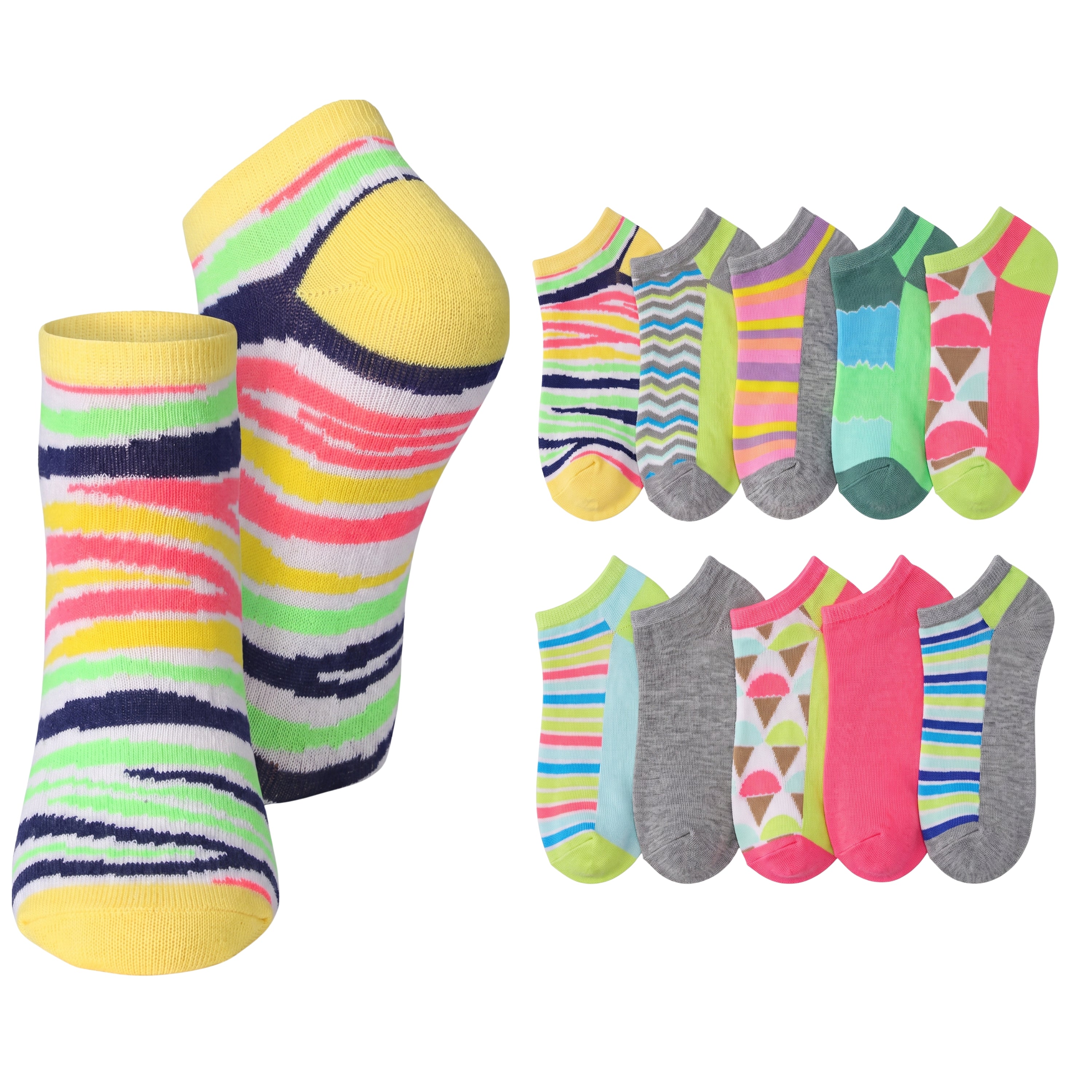 A set of low-cut ankle socks shown on a plain white background, with two larger socks on the left and eight smaller color/style variants arranged on the right. The socks feature bright multicolor striped and geometric patterns including yellow, pink, green, blue, gray, and white.