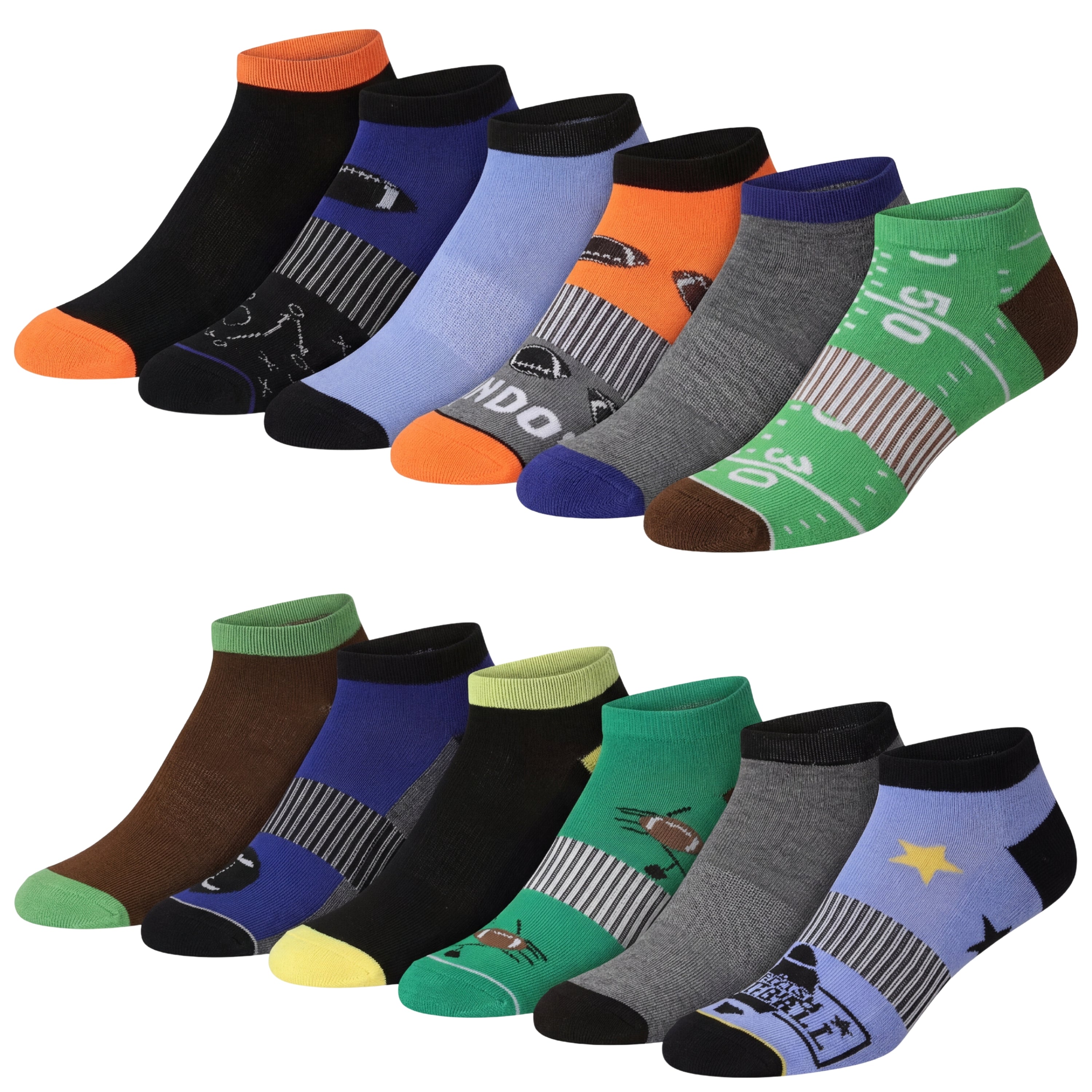 Collection of colorful socks with various patterns on a white background