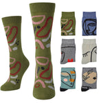 A set of crew socks shown on a plain white background, with two larger socks displayed upright and six smaller color/style variants arranged to the right. The main sock is olive green with abstract curved lines in pink, red, black, and white.
