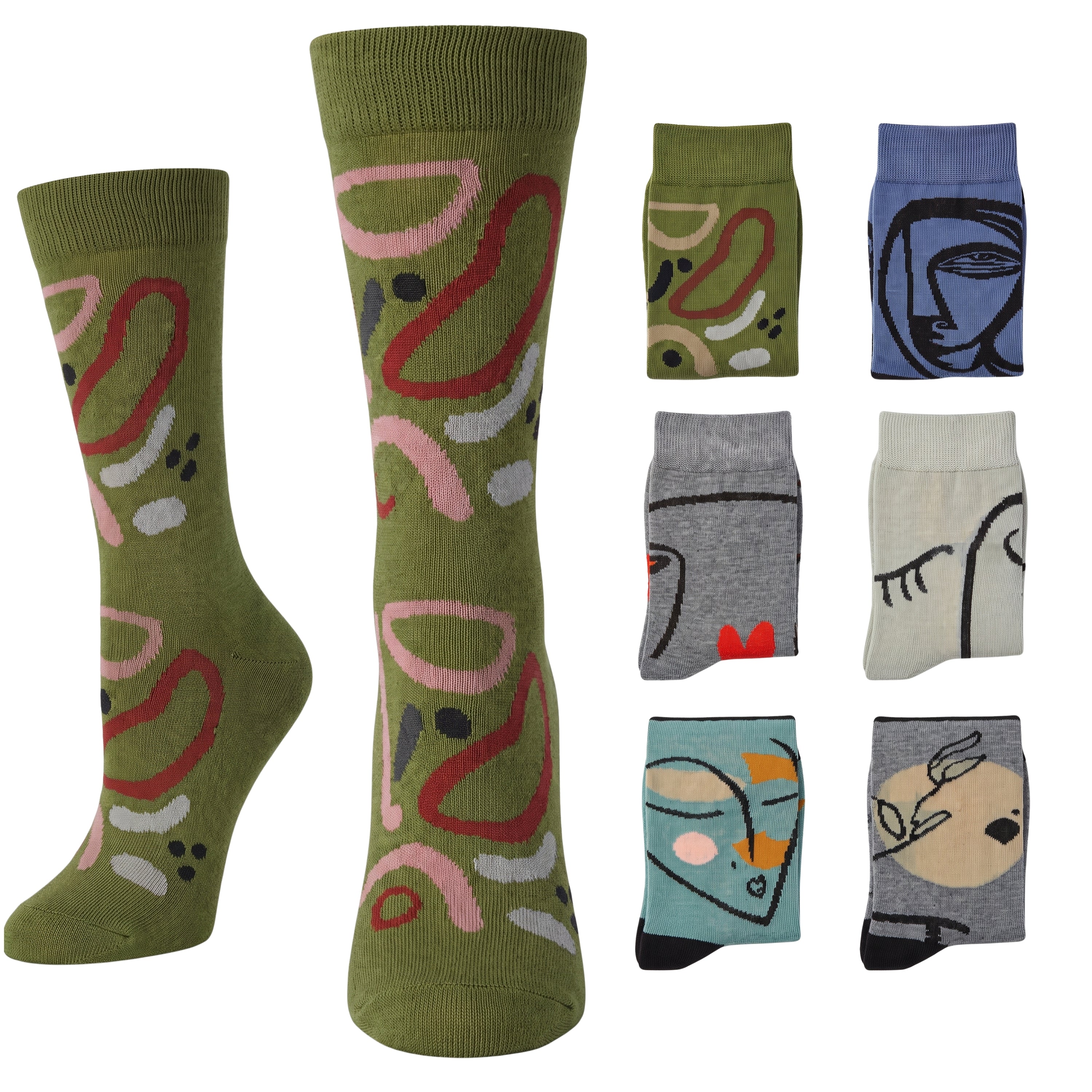 A set of crew socks shown on a plain white background, with two larger socks displayed upright and six smaller color/style variants arranged to the right. The main sock is olive green with abstract curved lines in pink, red, black, and white.