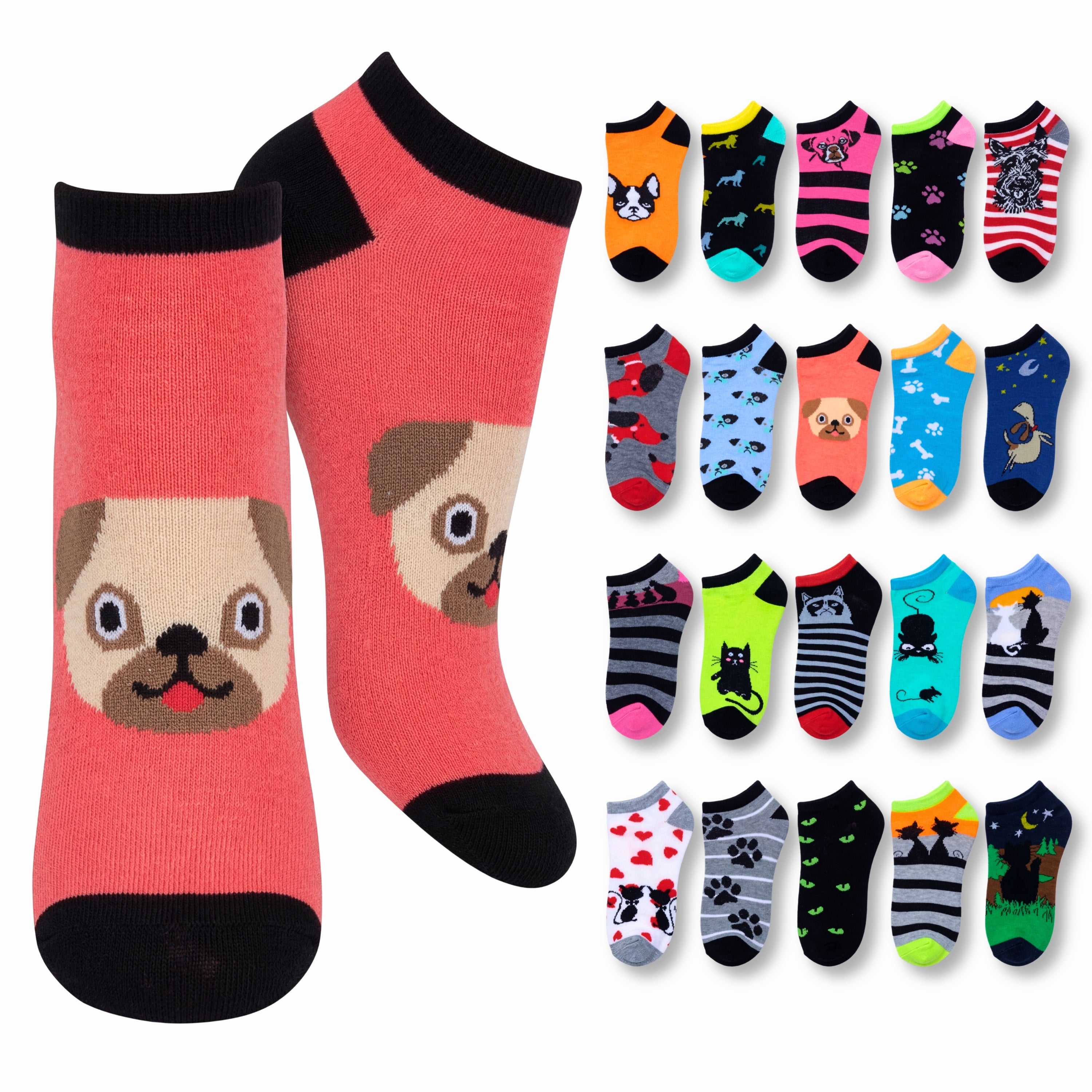 Collection of colorful socks with various designs on a white background