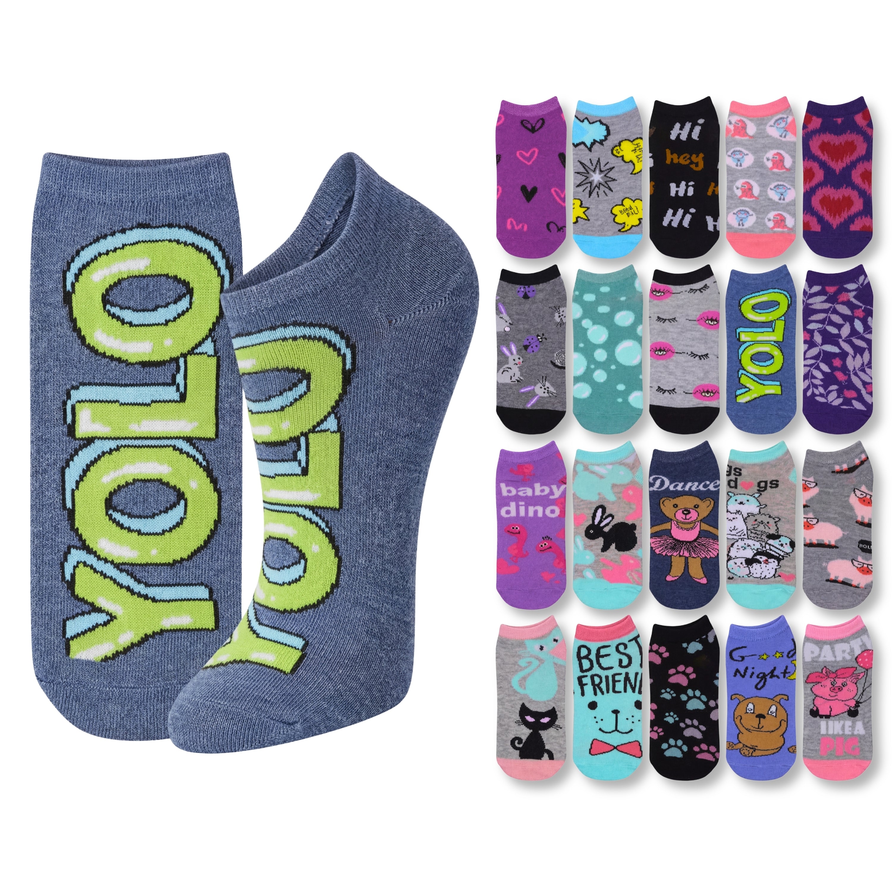 Two blue socks with 'YOLO' text and a collection of colorful children's socks on a white background.