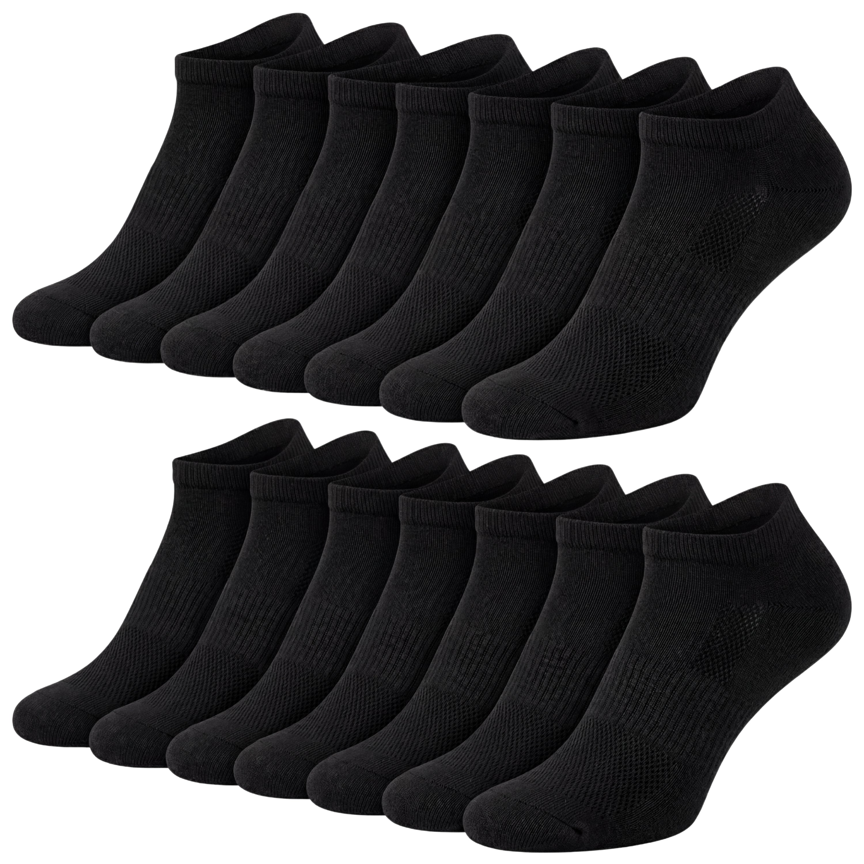 Multiple pairs of black ankle socks on a white background