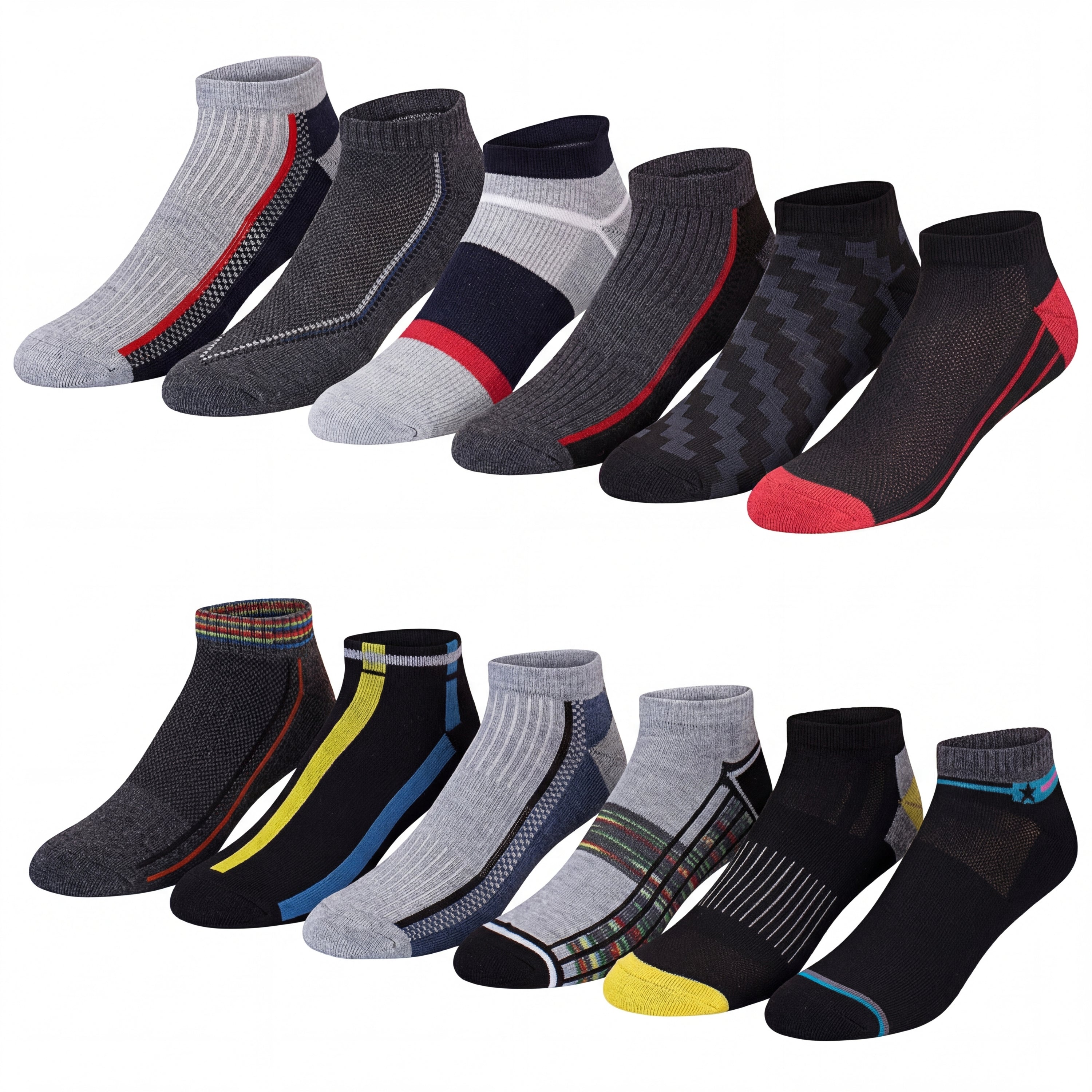 Set of various pairs of socks with different color combinations on a white background