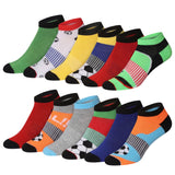 Assorted colorful socks with various patterns on a white background
