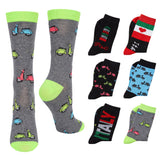 A set of gray crew socks with a colorful scooter pattern, shown alongside several alternative colorways and designs including Italian flag accents and 'Pisa' and 'ITALY' text.