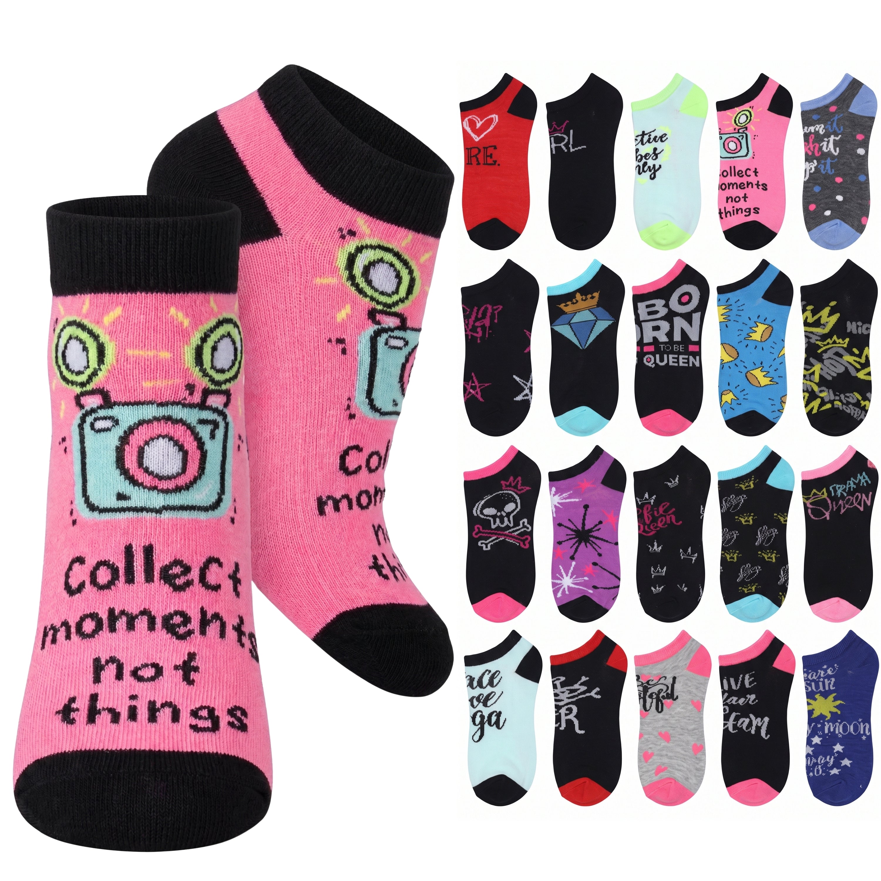 A set of low-cut socks shown on a plain white background, with two larger pink-and-black socks in front and a grid of smaller color variants behind them. The front socks feature a camera graphic and the phrase 'Collect moments not things.
