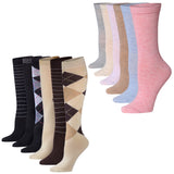 Argyle Striped Dark Colourful Patterned Knee High Socks - 6 Pack + Neutral Pastel Socks - 6 Pack
