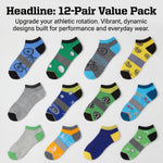 12 pairs of colorful socks in various designs on a light gray background.