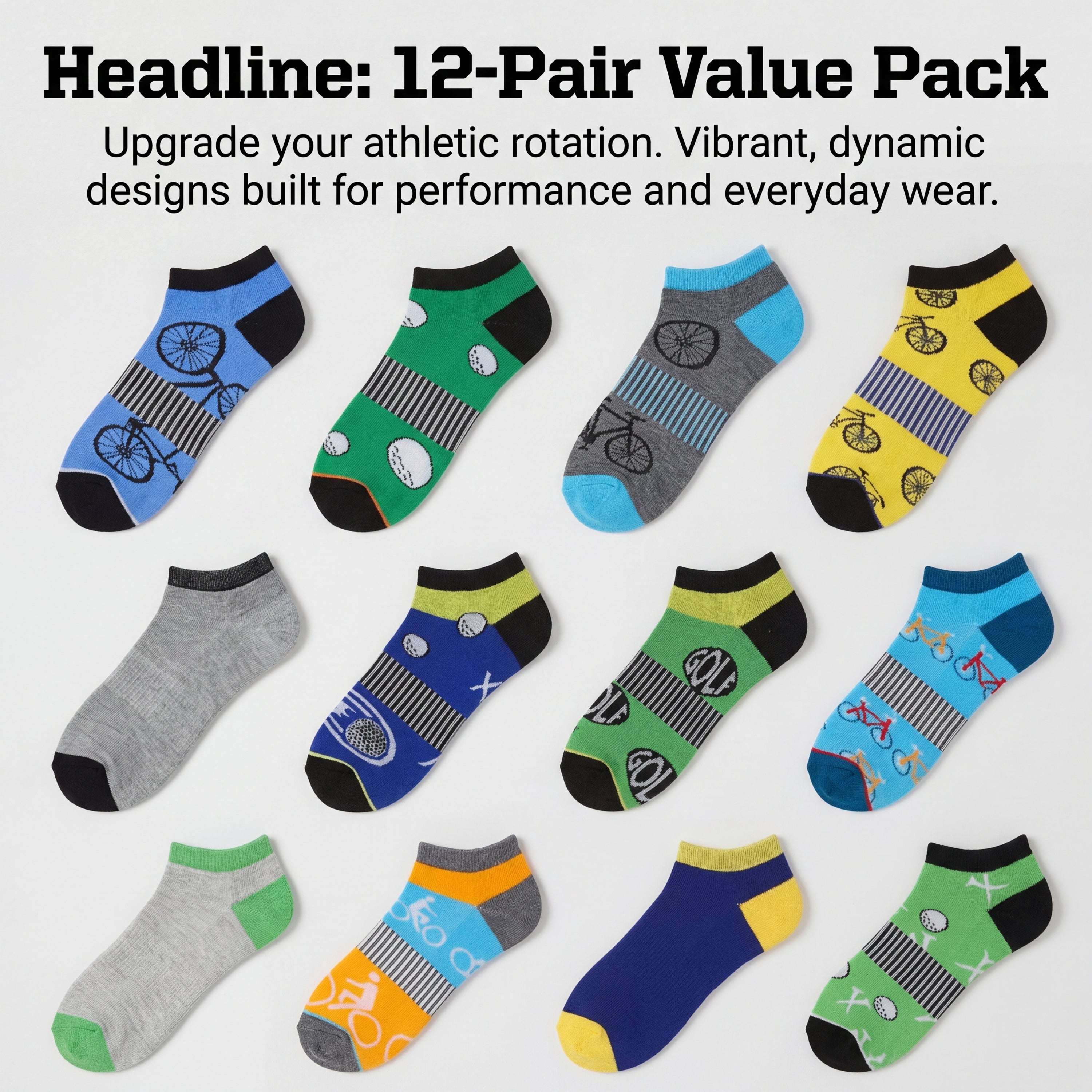 12 pairs of colorful socks in various designs on a light gray background.