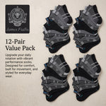 Pack of 12 pairs of black and gray socks with James Fiallo branding on a beige background.