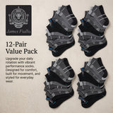 Pack of 12 pairs of black and gray socks with James Fiallo branding on a beige background.