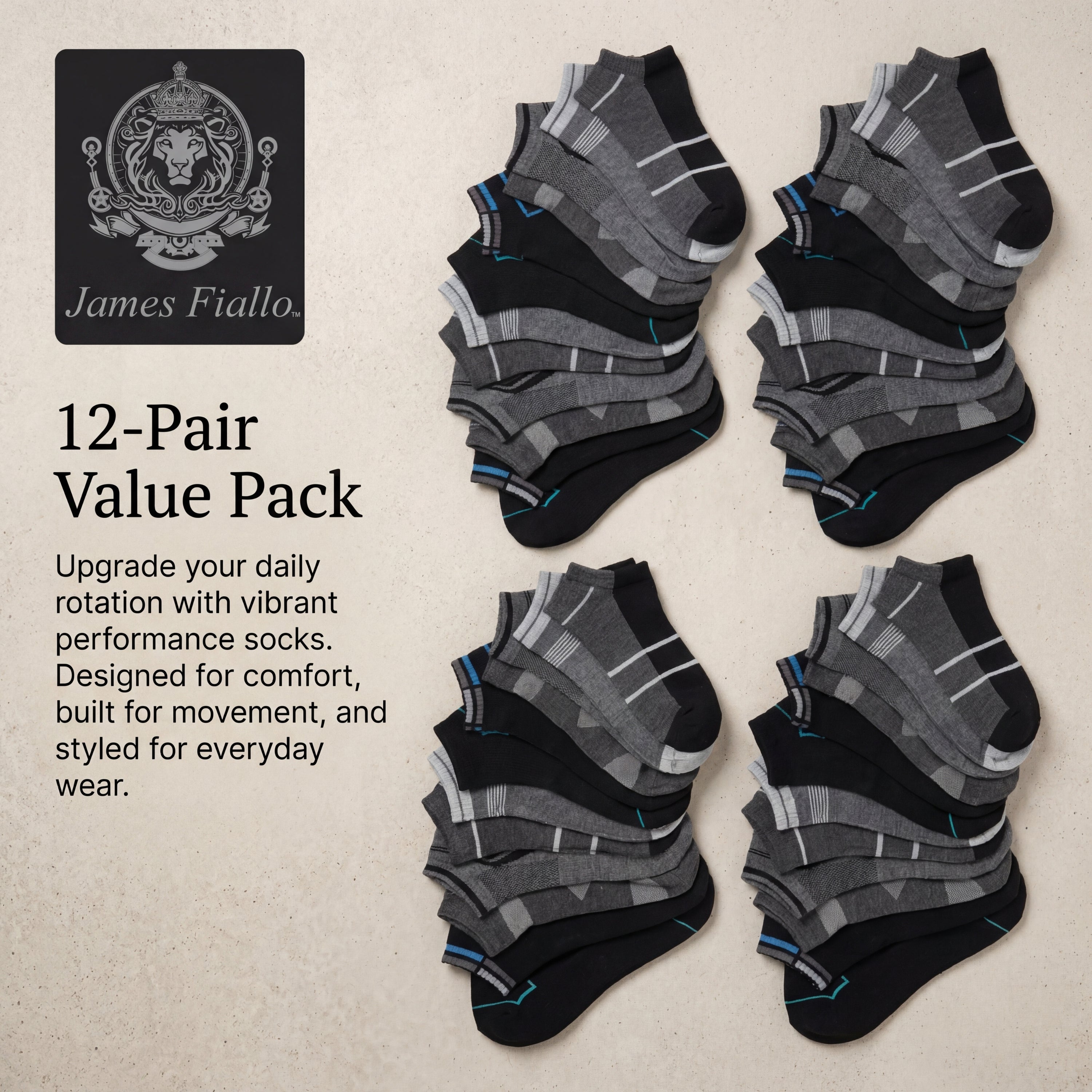 Pack of 12 pairs of black and gray socks with James Fiallo branding on a beige background.