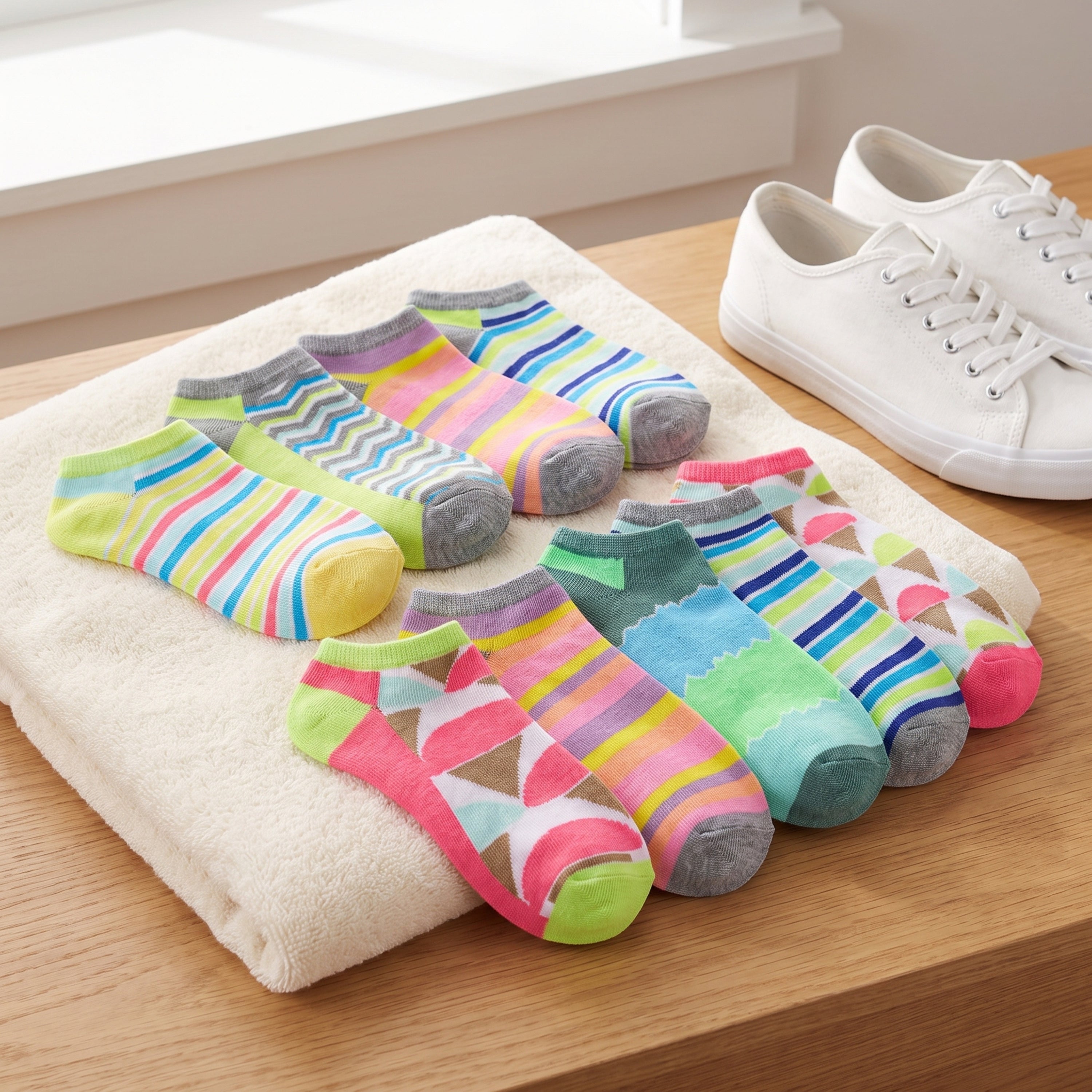 Six pairs of colorful low-cut socks arranged on a cream towel on a wooden table, with a pair of white sneakers partially visible in the background near a window.