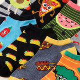 Collection of colorful socks with various patterns on a white background