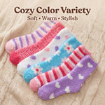 Set of colorful socks with text 'Cozy Color Variety' on a textured background