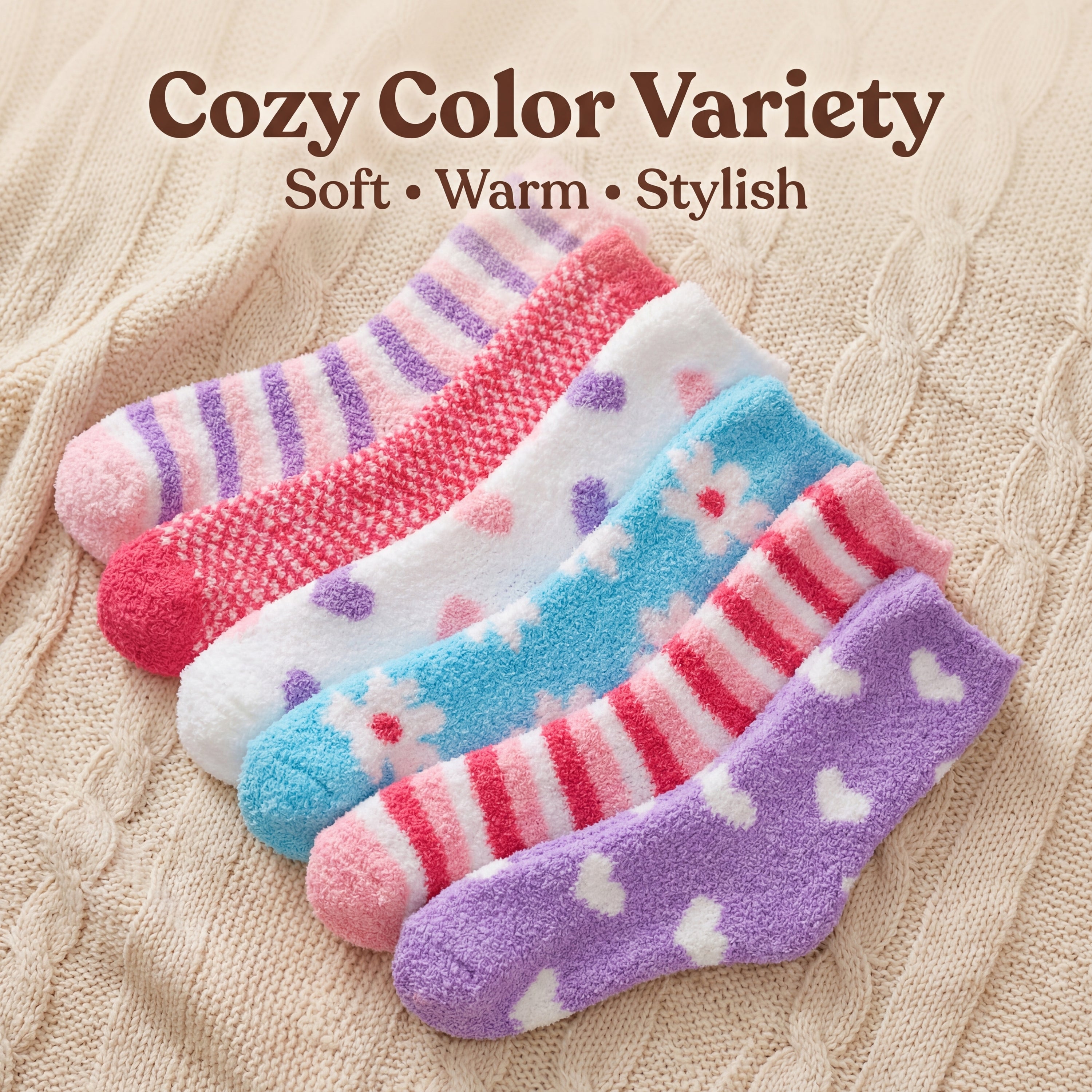 Set of colorful socks with text 'Cozy Color Variety' on a textured background