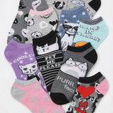 Collection of cat-themed socks with various designs on a white background