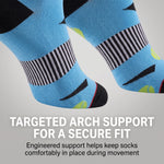A pair of light blue athletic socks with black and white striped arch support zones and black toe caps, shown against a light gray background with promotional text about arch support.