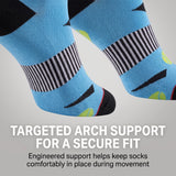 A pair of light blue athletic socks with black and white striped arch support zones and black toe caps, shown against a light gray background with promotional text about arch support.
