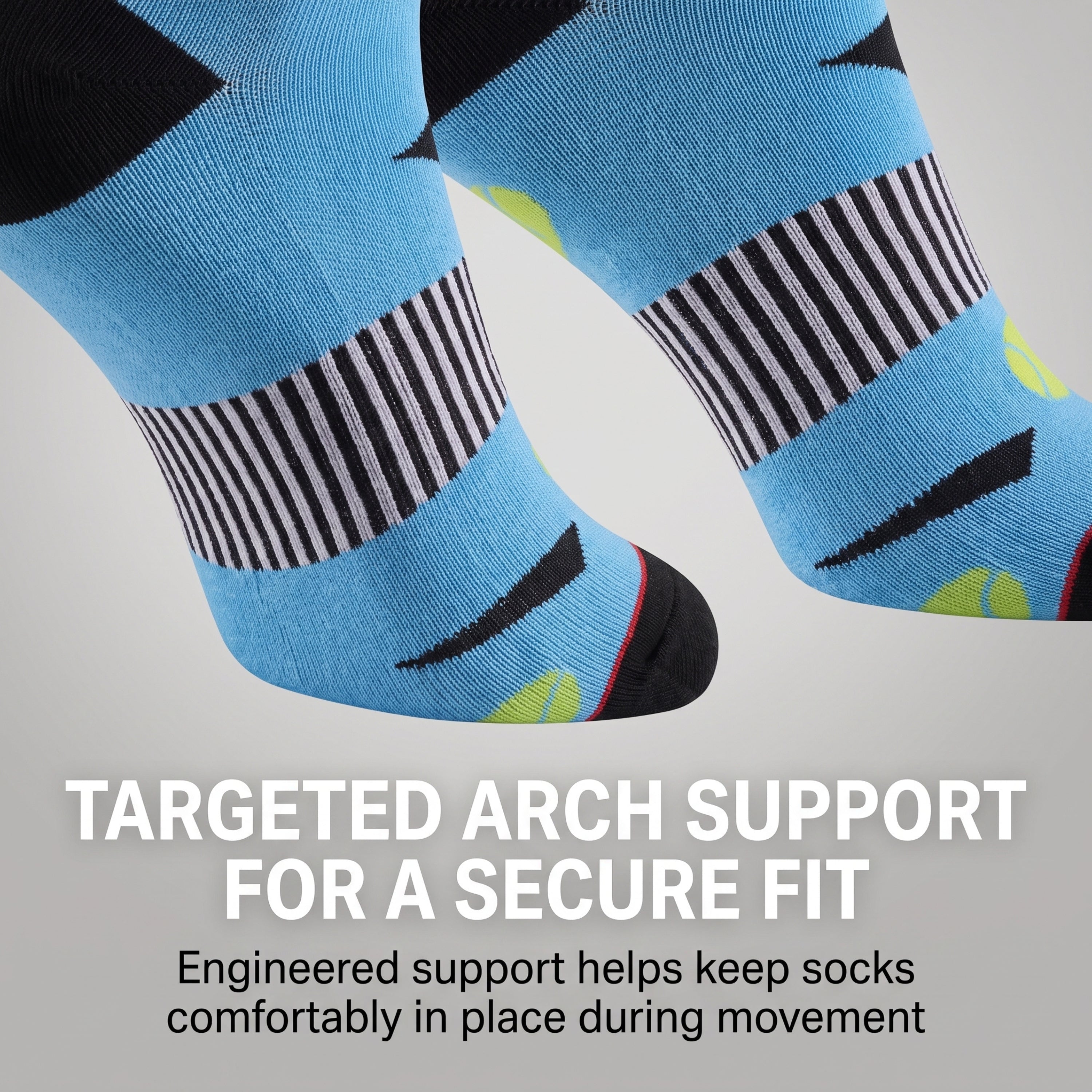 A pair of light blue athletic socks with black and white striped arch support zones and black toe caps, shown against a light gray background with promotional text about arch support.
