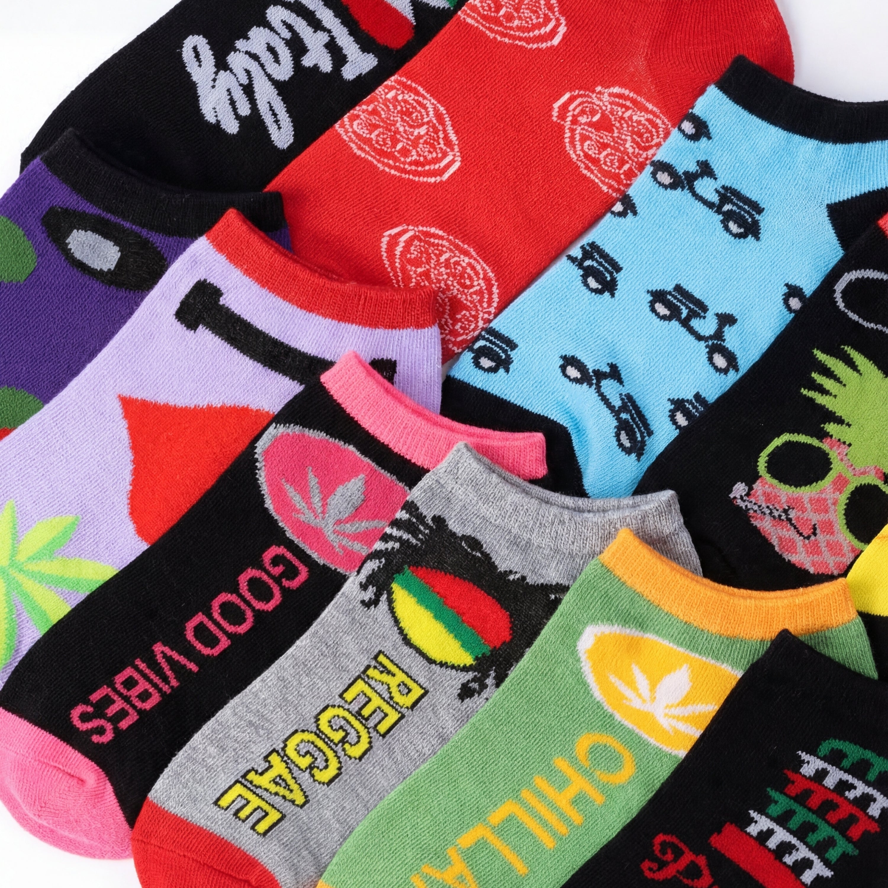 Collection of colorful socks with various designs and text on a white background