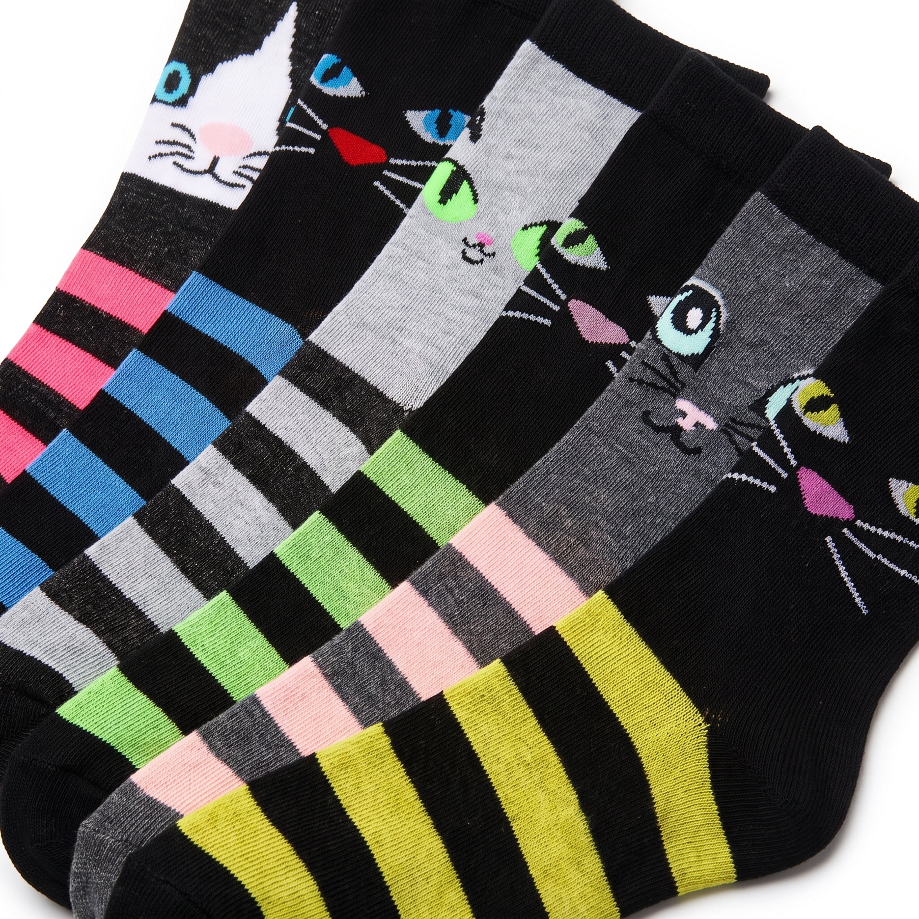 Four pairs of novelty socks arranged diagonally, each featuring a different cat face design with colorful embroidered eyes, noses, and whiskers, paired with bold horizontal stripes in various color combinations.