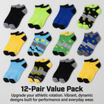Assorted colorful socks in a 12-pack value pack on a light gray background.