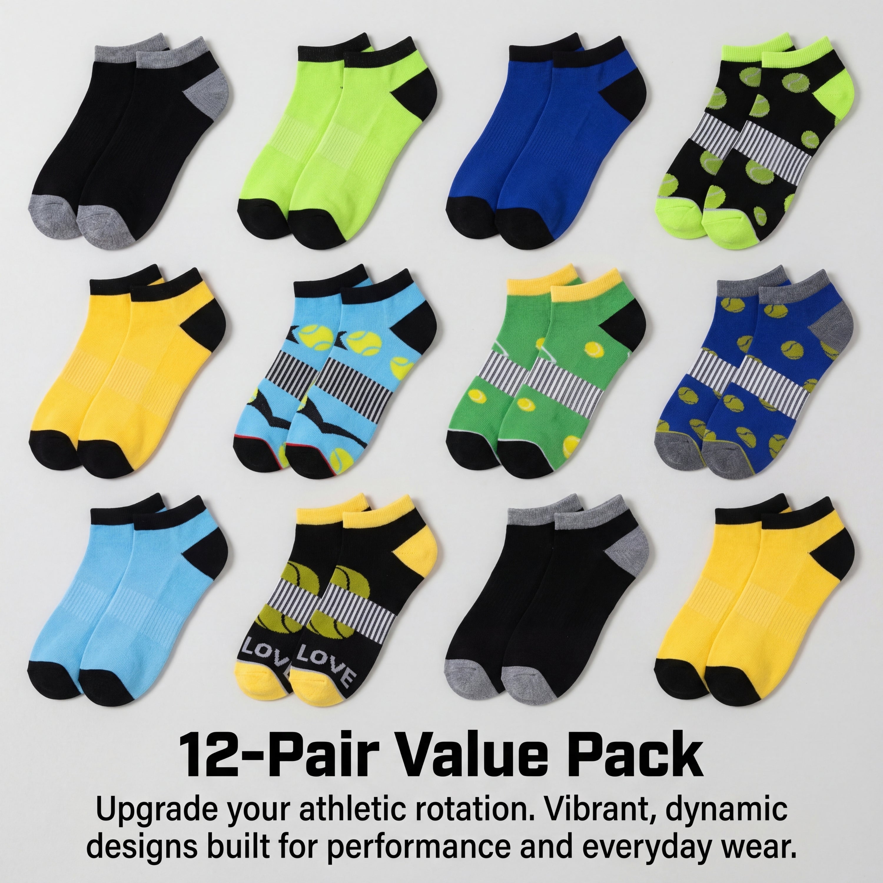 Assorted colorful socks in a 12-pack value pack on a light gray background.