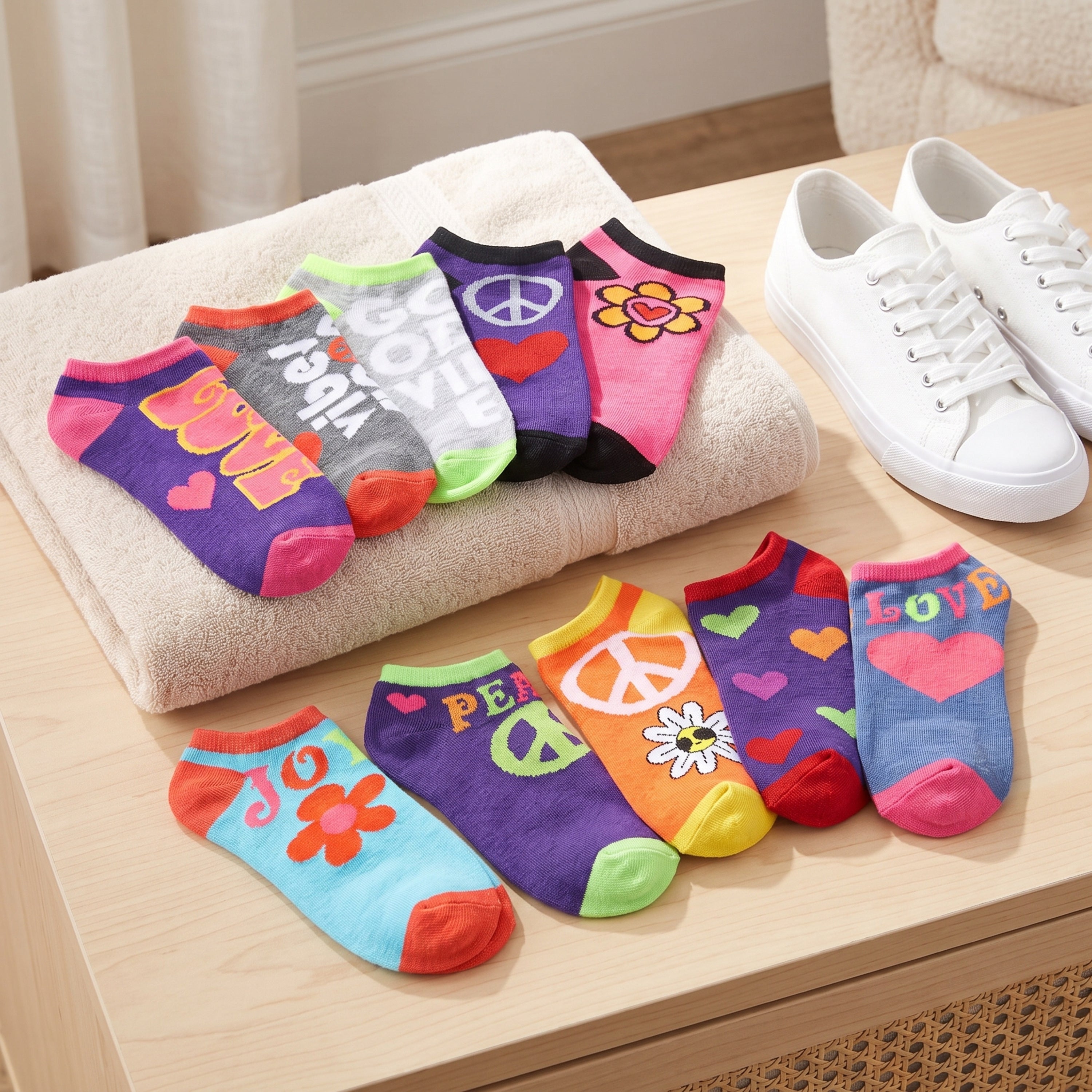 A set of colorful novelty ankle socks displayed on a beige towel and tabletop, styled with white sneakers and a cream towel in a bright indoor setting. The socks feature retro designs with hearts, peace signs, flowers, and words like 'LOVE', 'PEACE', and 'JOY'.