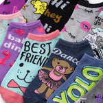 Collection of colorful socks with various designs and text.