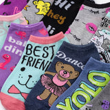 Collection of colorful socks with various designs and text.