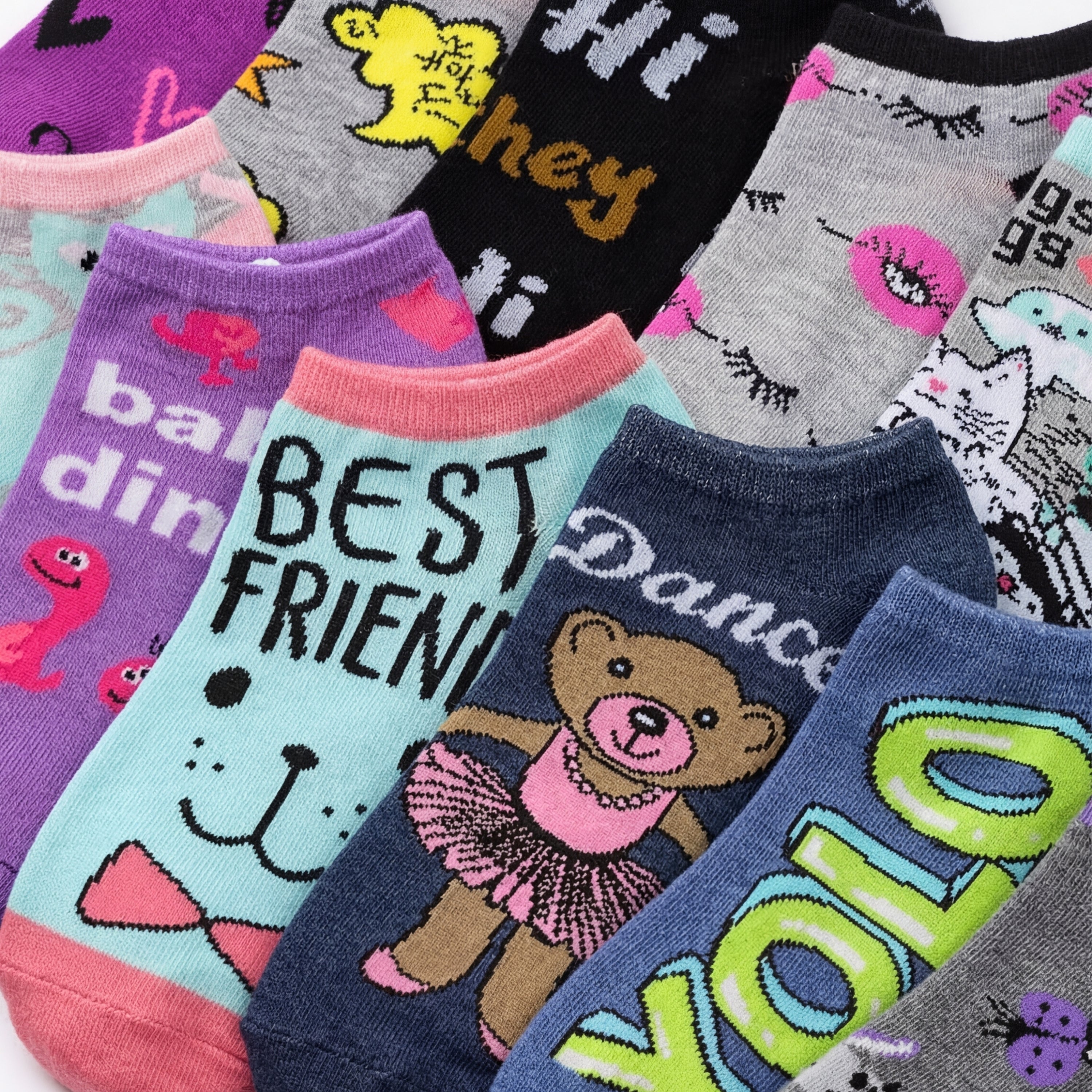 Collection of colorful socks with various designs and text.