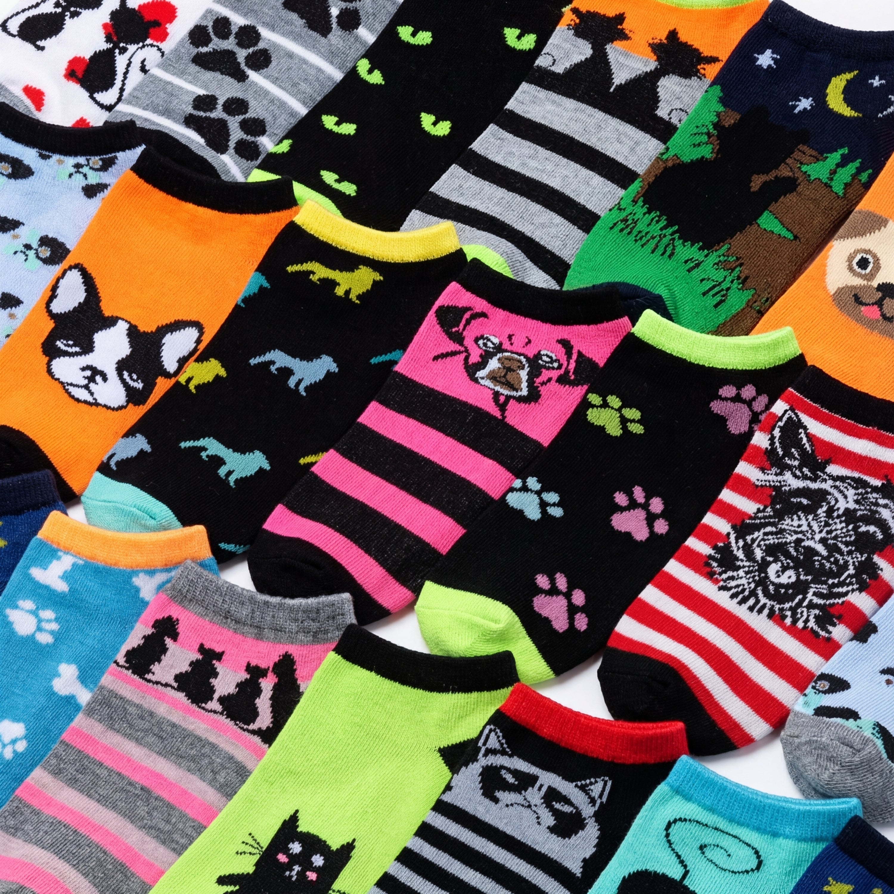 Collection of colorful socks with various animal designs arranged in a grid.