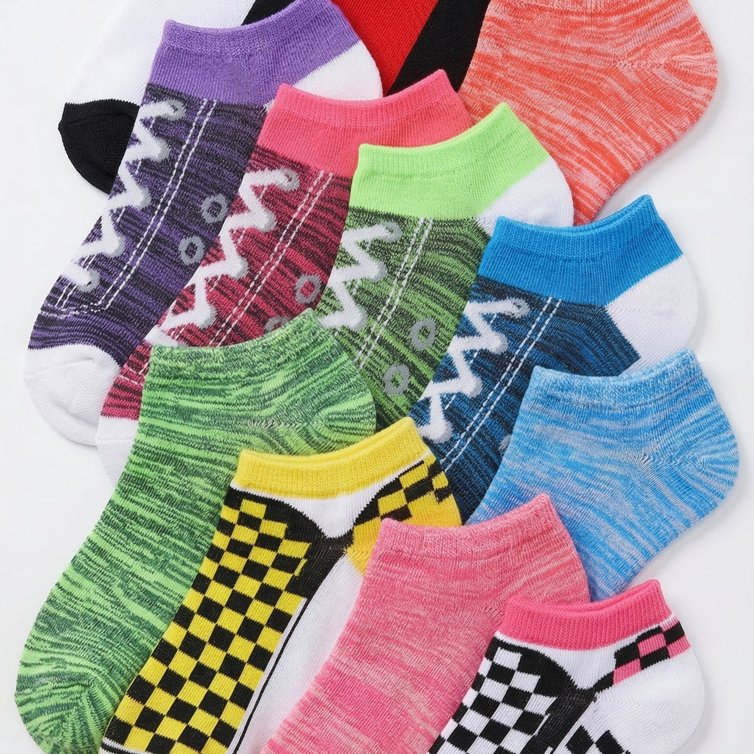 Colorful socks with various patterns on a white background