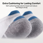 Close-up of a pair of athletic socks with gray toes, white heels, and blue tops, with marketing text about cushioning and comfort on a light background.